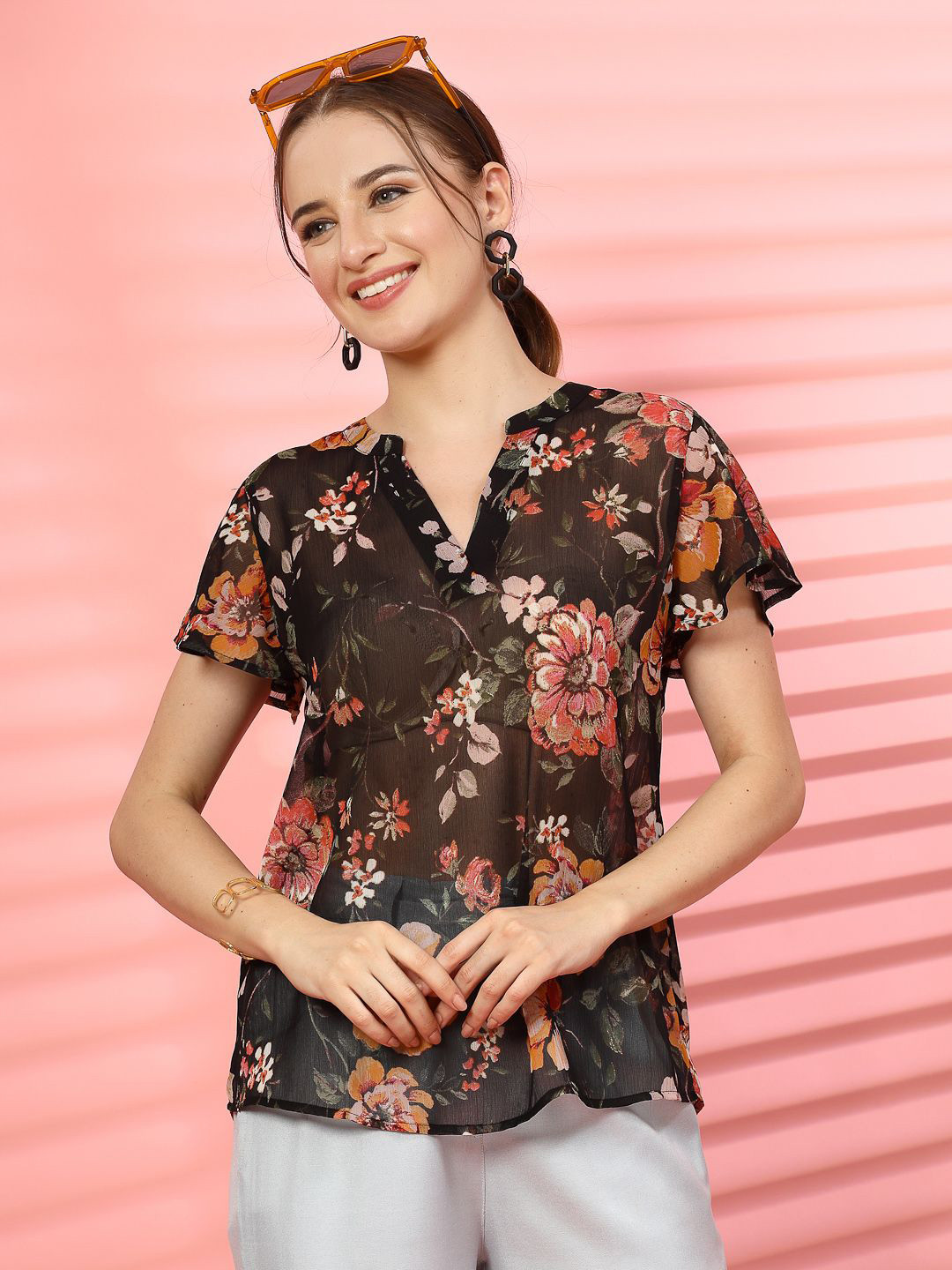 

EVERYDAY by ANI Women Floral Printed Mandarin Collar Top, Black