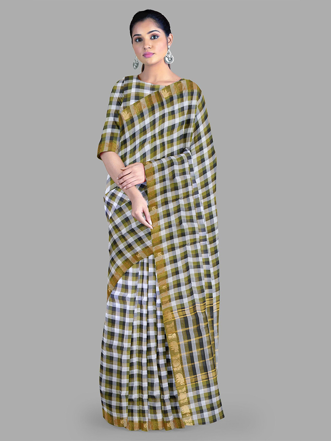 

The Chennai Silks Checked Zari Pure Cotton Saree, White