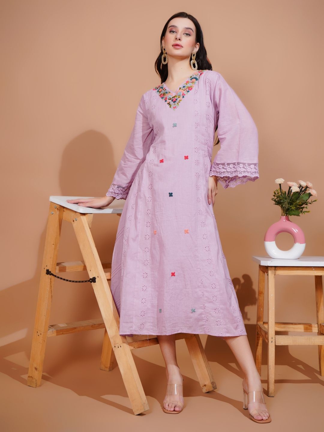 

Boholyfe Floral Embroidered Cotton Bell Sleeve A-Line Midi Dress, Pink