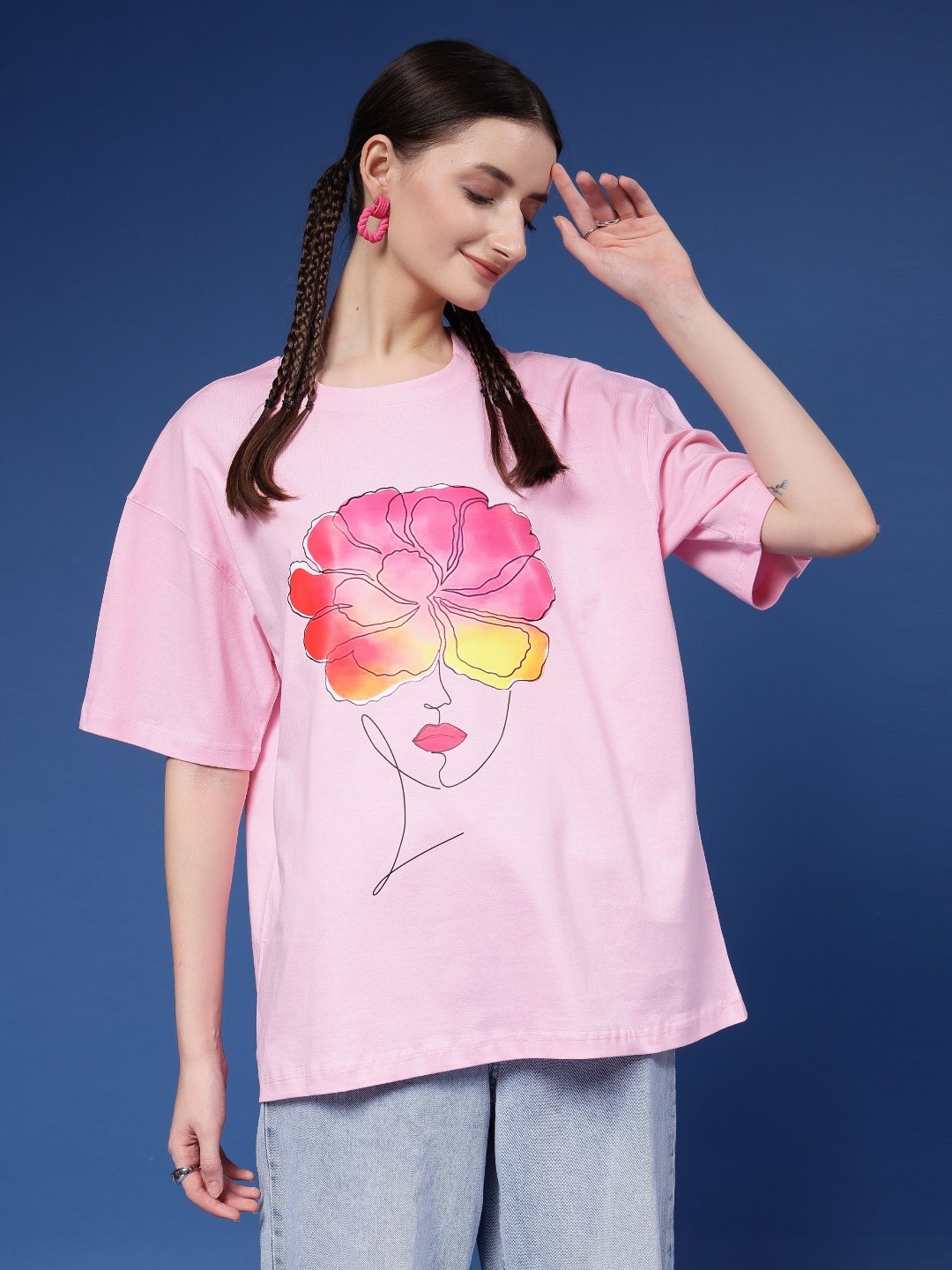 

Popster Women Graphic Printed Round Neck Pure Cotton Oversized T-Shirt, Pink