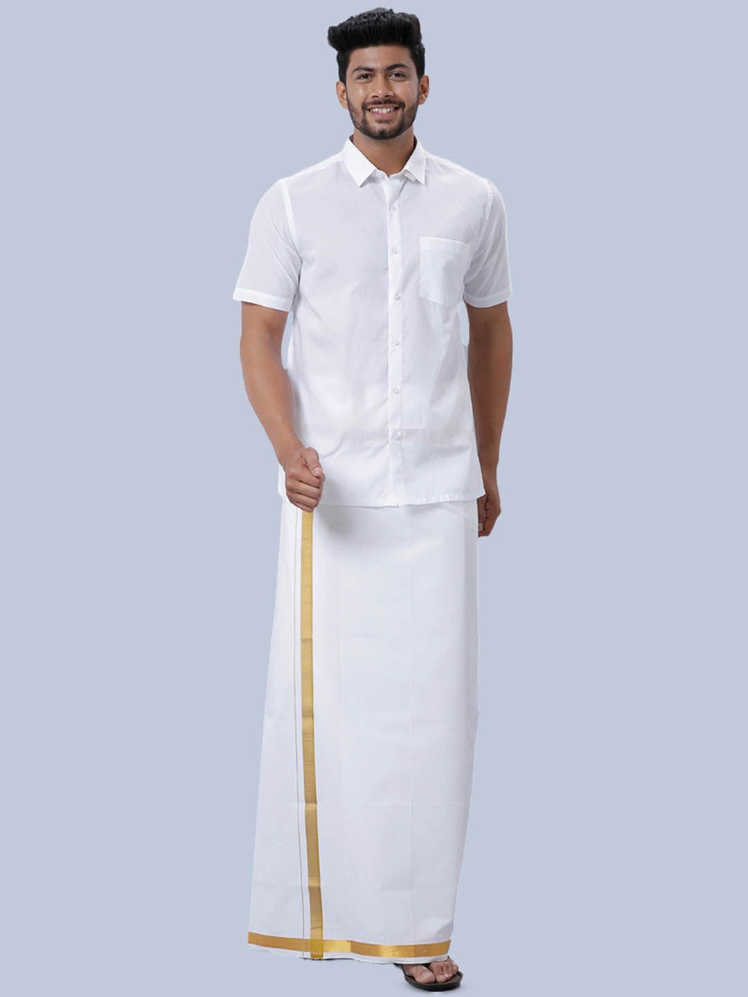 

Ramraj Pure Cotton Shirt With Zari Border Veshti, White