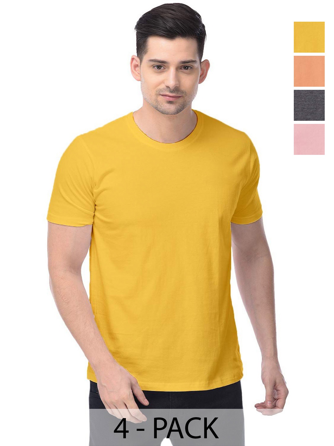 

COLOR CAPITAL Unisex Pack Of 4 Solid Round Neck Cotton T-shirts, Yellow