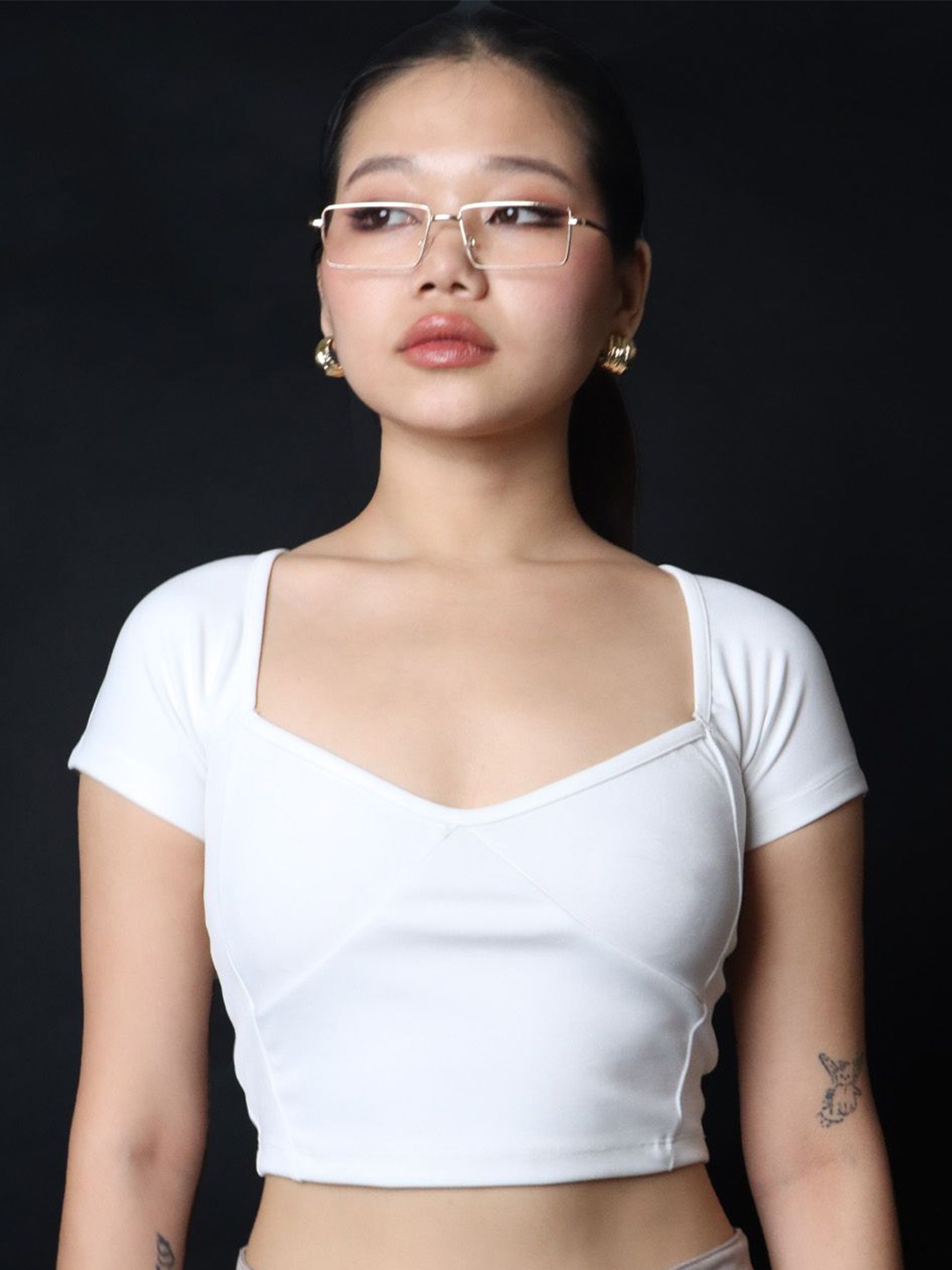 

BEEGLEE Women Solid V-Neck Nylon Top, White