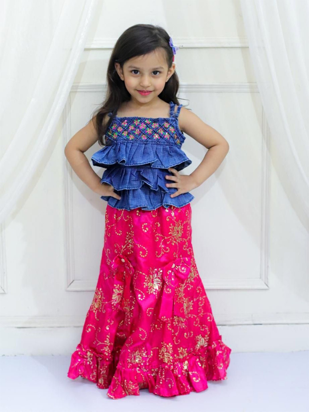 

Twisha Girls Embellished Shoulder Straps Ethnic Top With Skirt, Blue