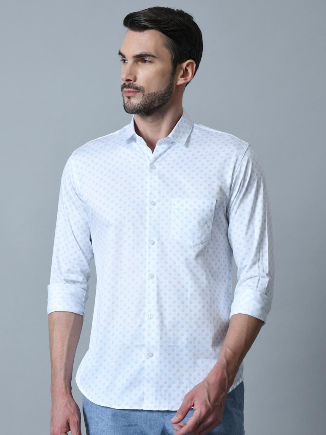 

PEBCO Men Classic Spread Collar Abstract Printed Cotton Slim Fit Casual Shirt, White
