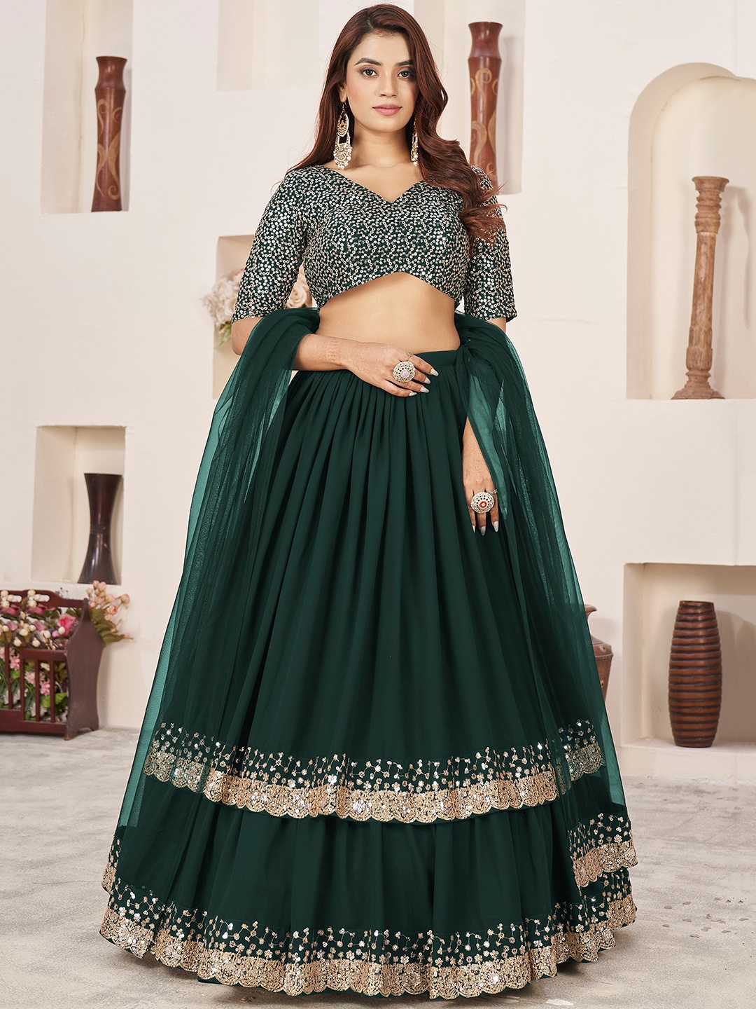 

FABPIXEL Embroidered Sequinned Semi-Stitched Lehenga & Unstitched Blouse With Dupatta, Green