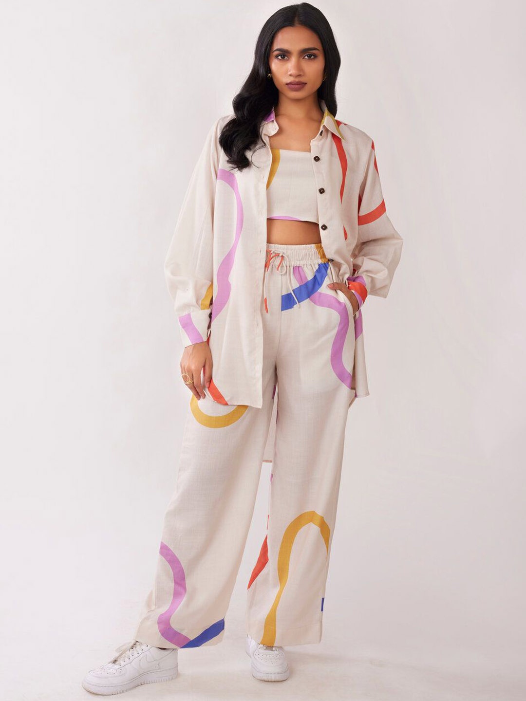 

POPPI Printed Shirt, Bralette & Trouser Co-Ords, Off white