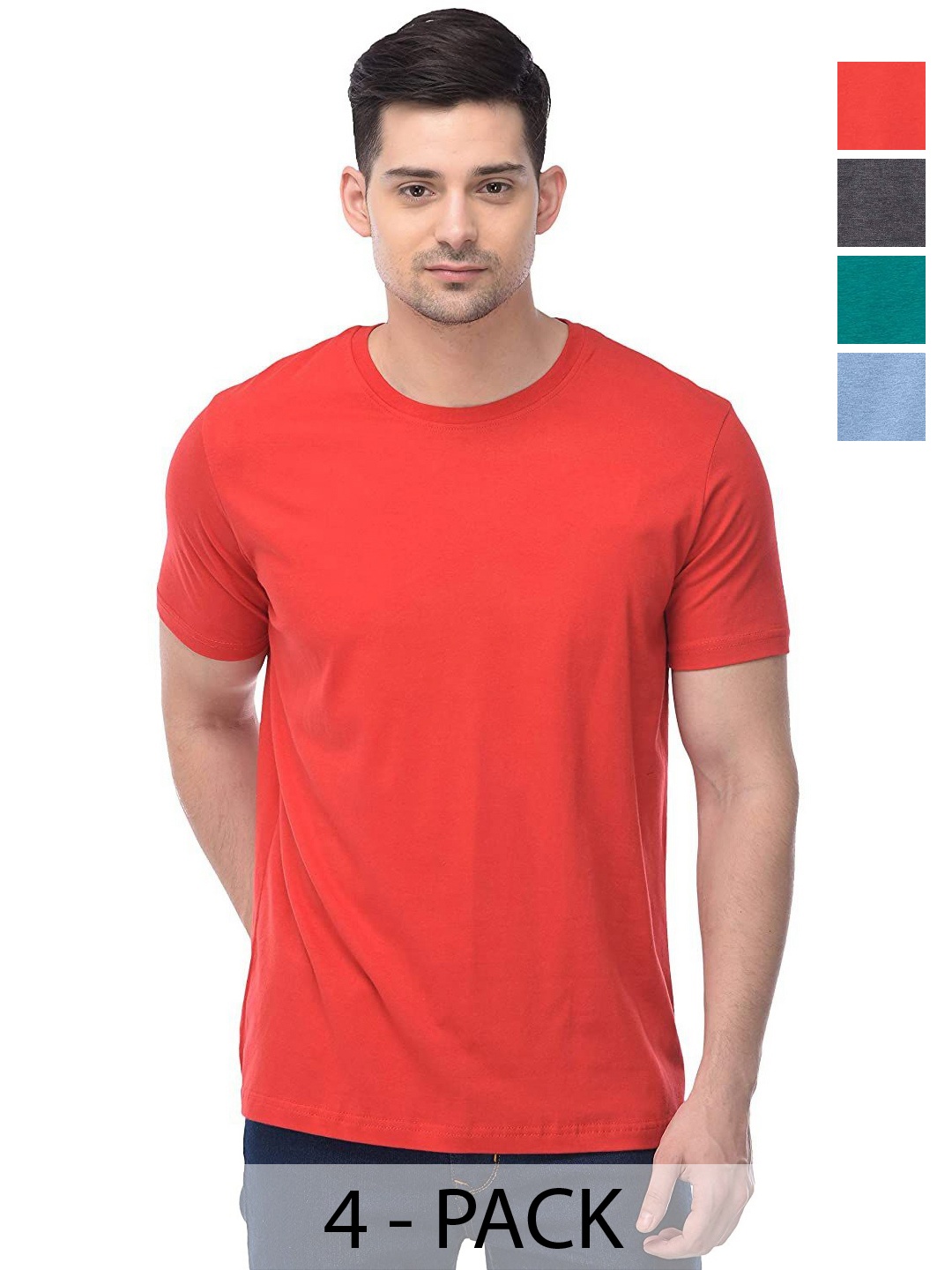 

COLOR CAPITAL Unisex Pack Of 4 Solid Round Neck Cotton T-shirts, Red