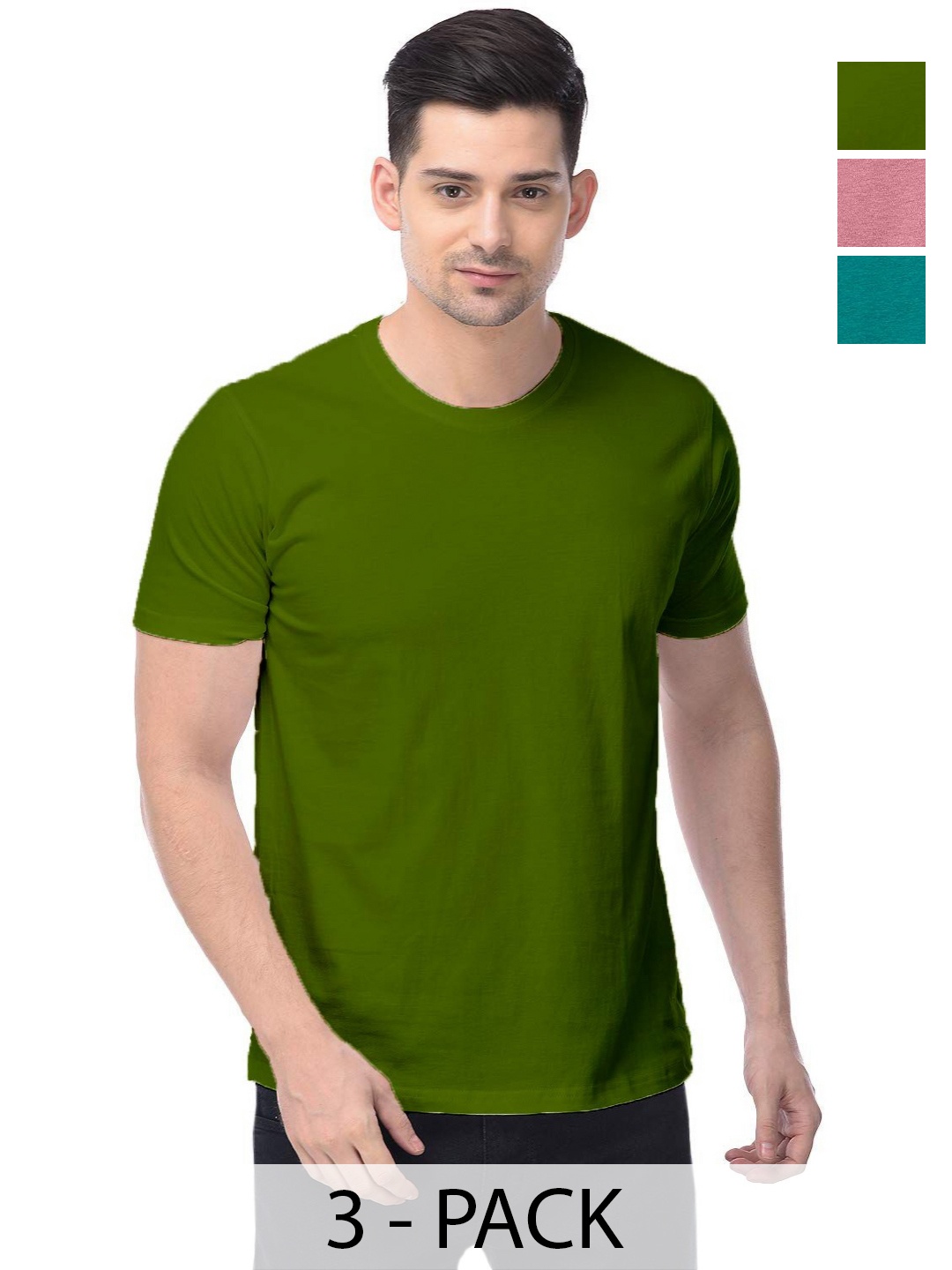 

COLOR CAPITAL Unisex Pack Of 3 Solid Round Neck Cotton T-shirts, Green