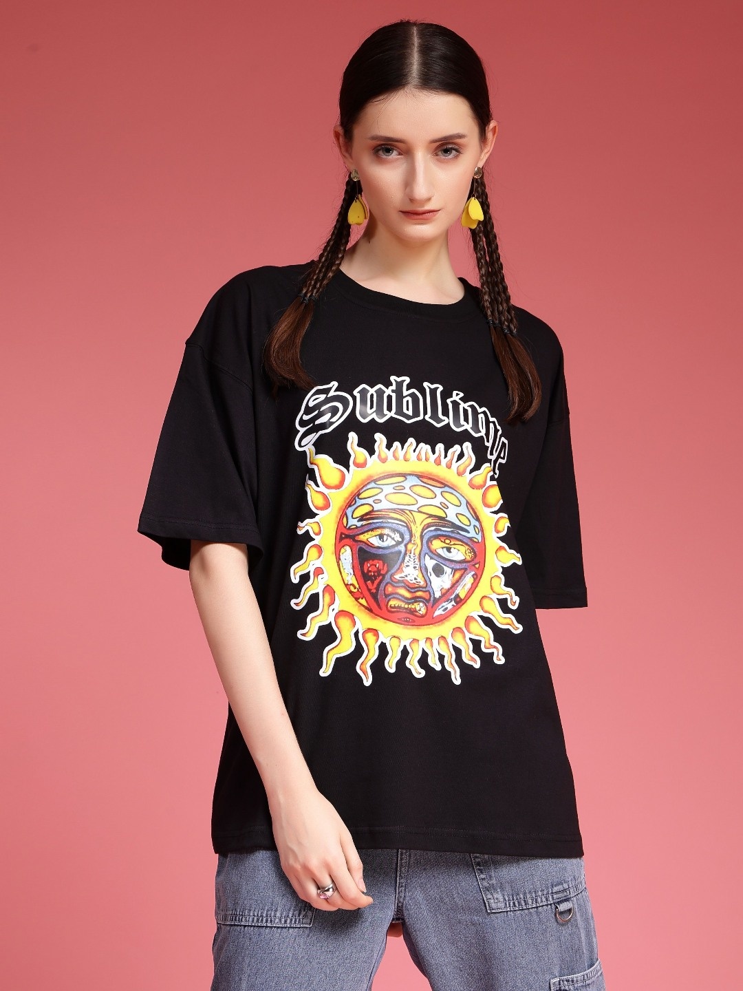 

Popster Women Graphic Printed Round Neck Pure Cotton Oversized T-Shirt, Black