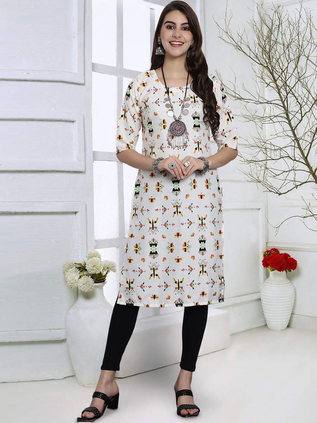 

7Threads Ethnic Motifs Printed Round Neck Straight Kurta, White