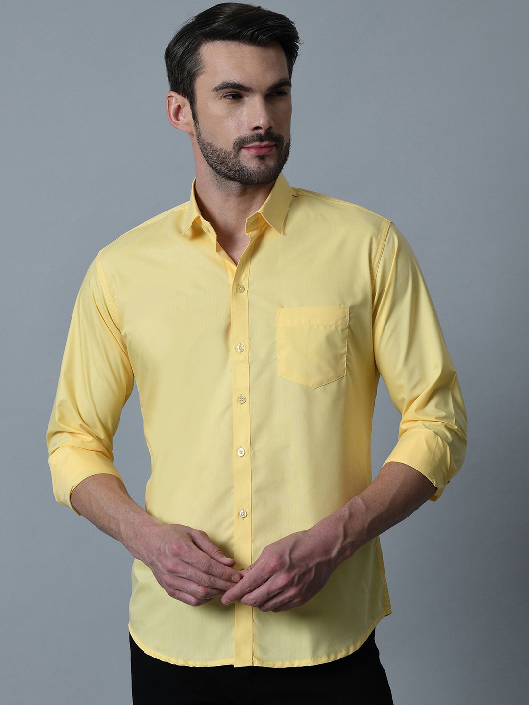 

PEBCO Men Classic Spread Collar Solid Cotton Slim Fit Casual Shirt, Yellow