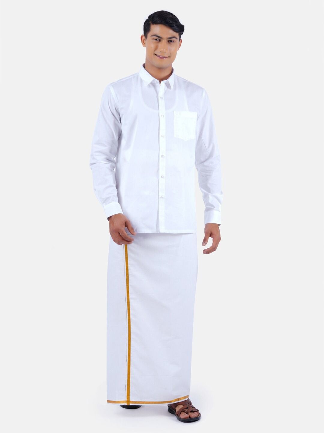 

Ramraj Long Sleeves Pure Cotton Shirt With 3/4 Inch Zari Border Veshti, White