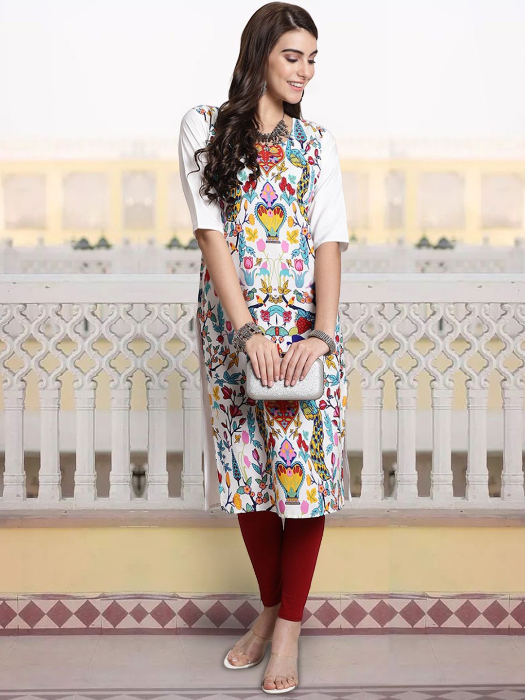 

7Threads Ethnic Motifs Printed Round Neck Straight Kurta, White