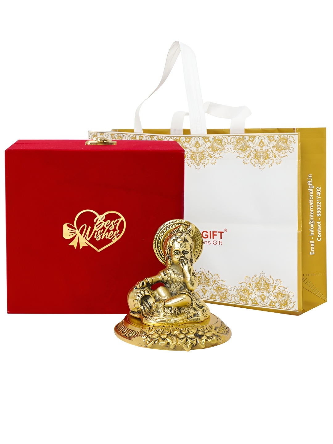 

INTERNATIONAL GIFT Golden Laddu Gopal Idol with Best Wishes Tag & Velvet Box, Gold
