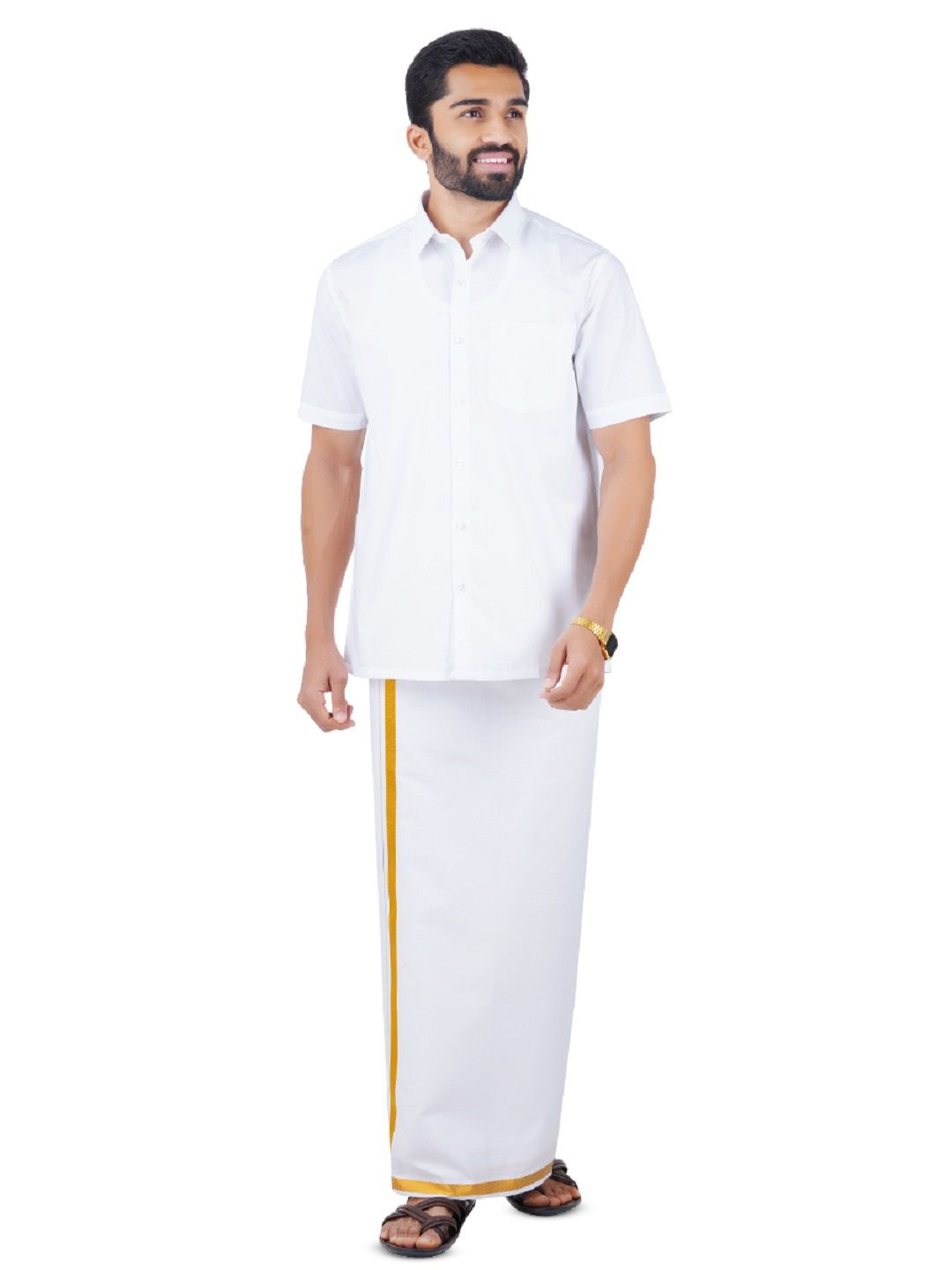 

Ramraj Shirt Collar Short Sleeves Zari Pure Cotton Shirt With Dhoti, White