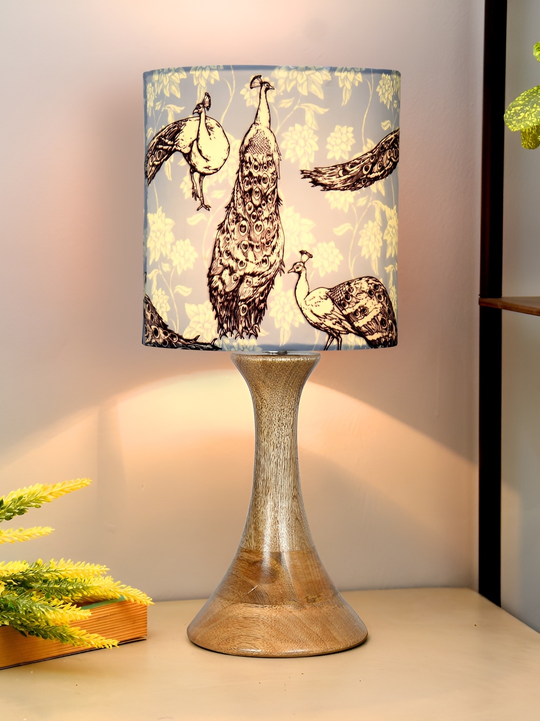 

Homesake Blue Printed Wood Traditional Cylindrical Shaped Table Lamp with Bulb