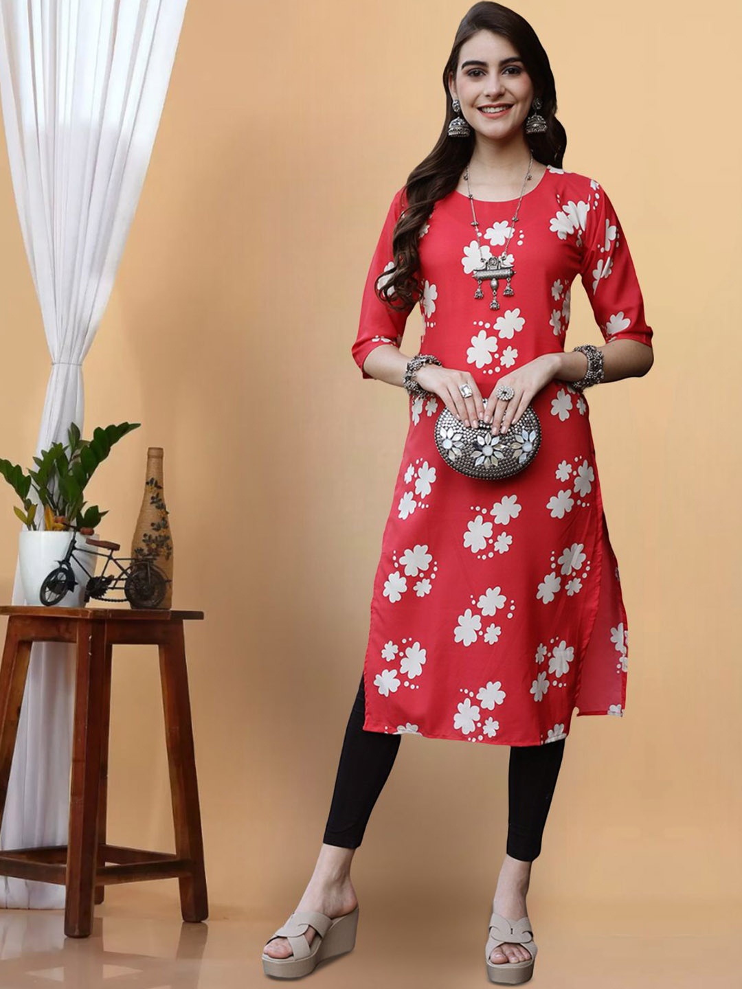 

KALINI Floral Printed Round Neck Crepe Straight Kurta, Red