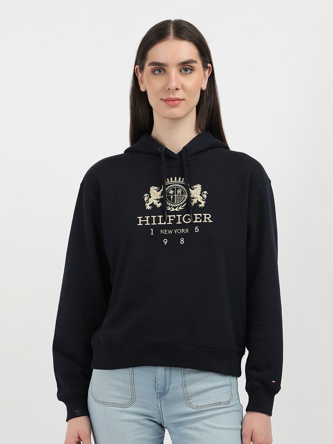 

Tommy Hilfiger Women Embroidered Typography Printed Hooded Sweatshirt, Blue