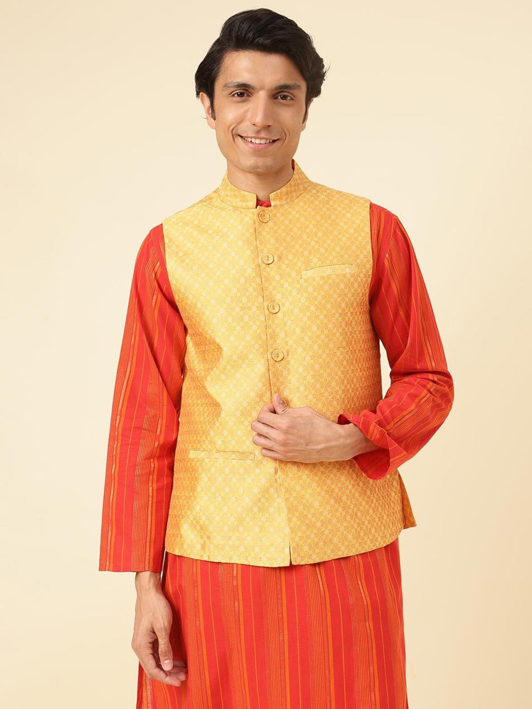 

Fabindia Printed Woven Nehru Jacket, Yellow