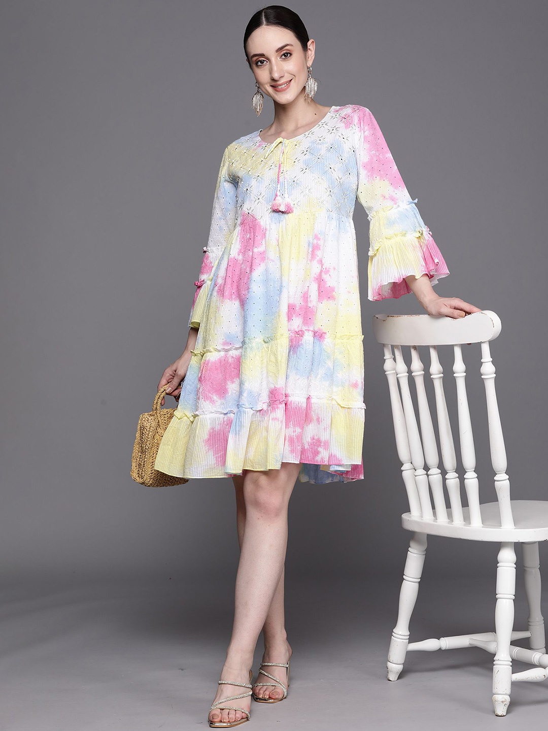 

Indo Era Tie and Dye Embroidered Tie-Up Neck Flared Sleeve A-Line Dress, White