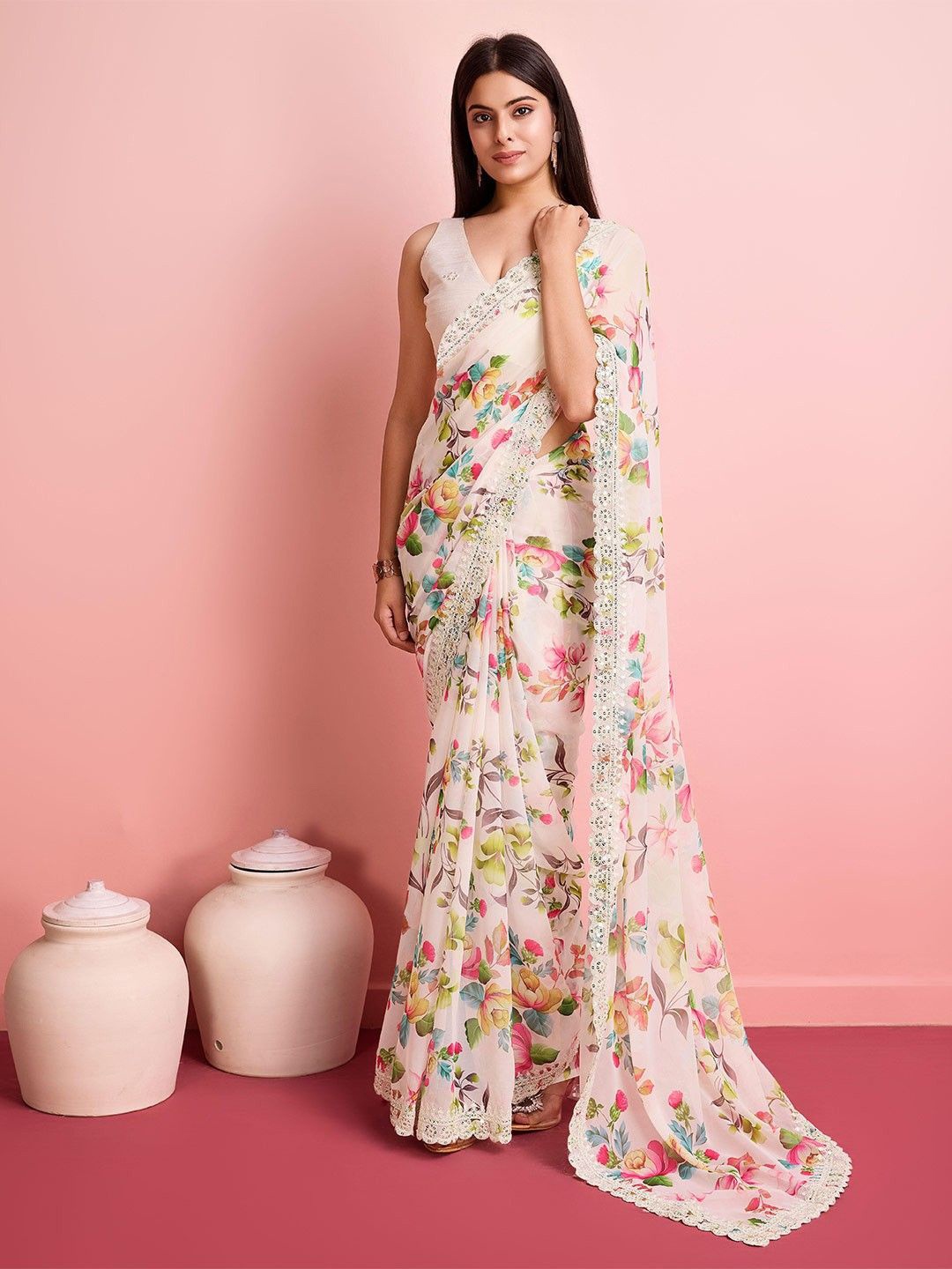 

AWRIYA Floral Sequinned Printed Saree, Beige