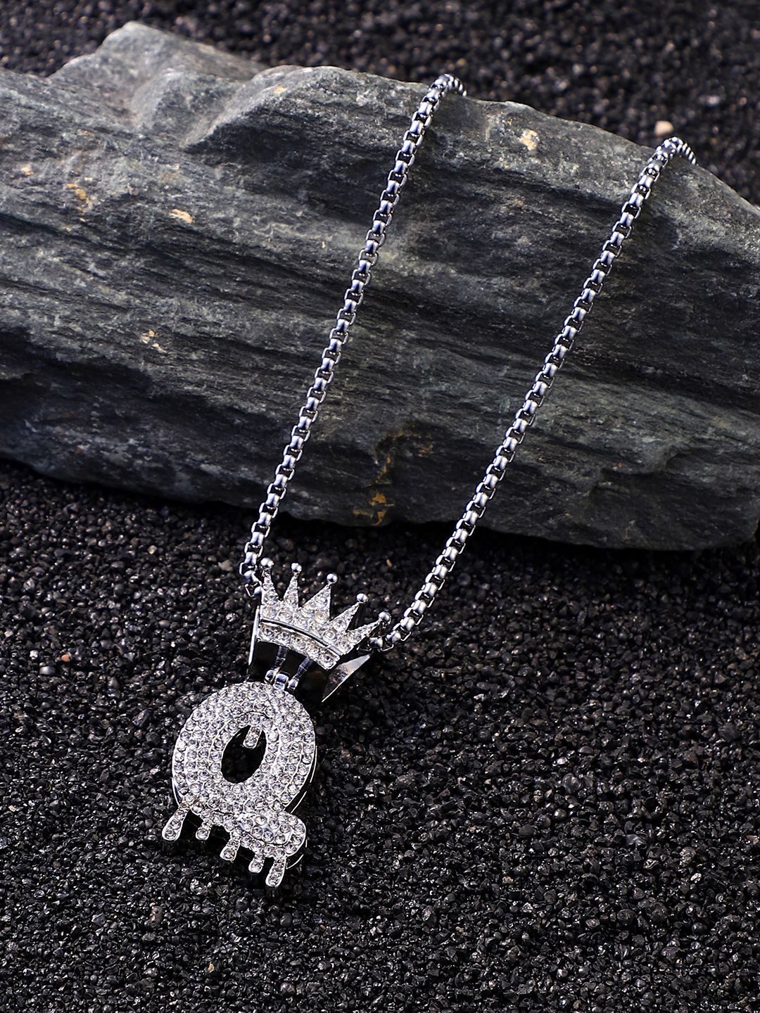 

French Accent Men Silver-Plated Drip Alphabet Q Pendant With Chain