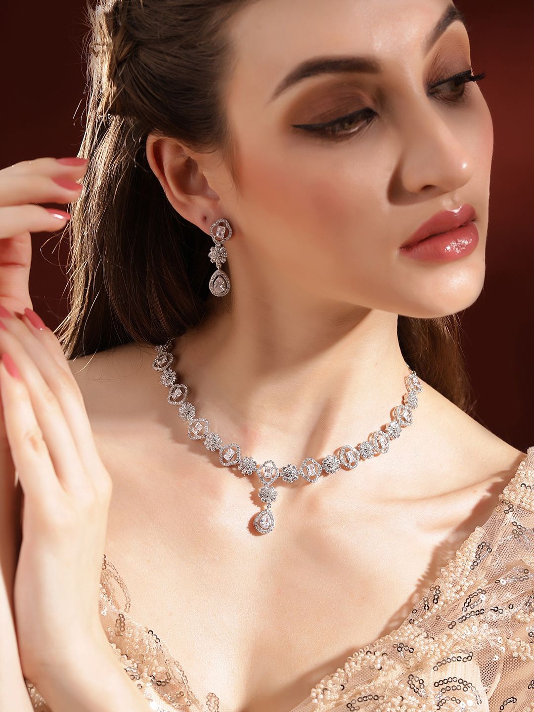 

Priyaasi Silver-Plated American Diamond Studded Jewellery Set