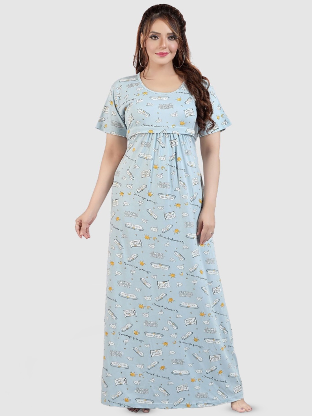 

Fabme Printed Maxi Pure Cotton Nightdress, Teal