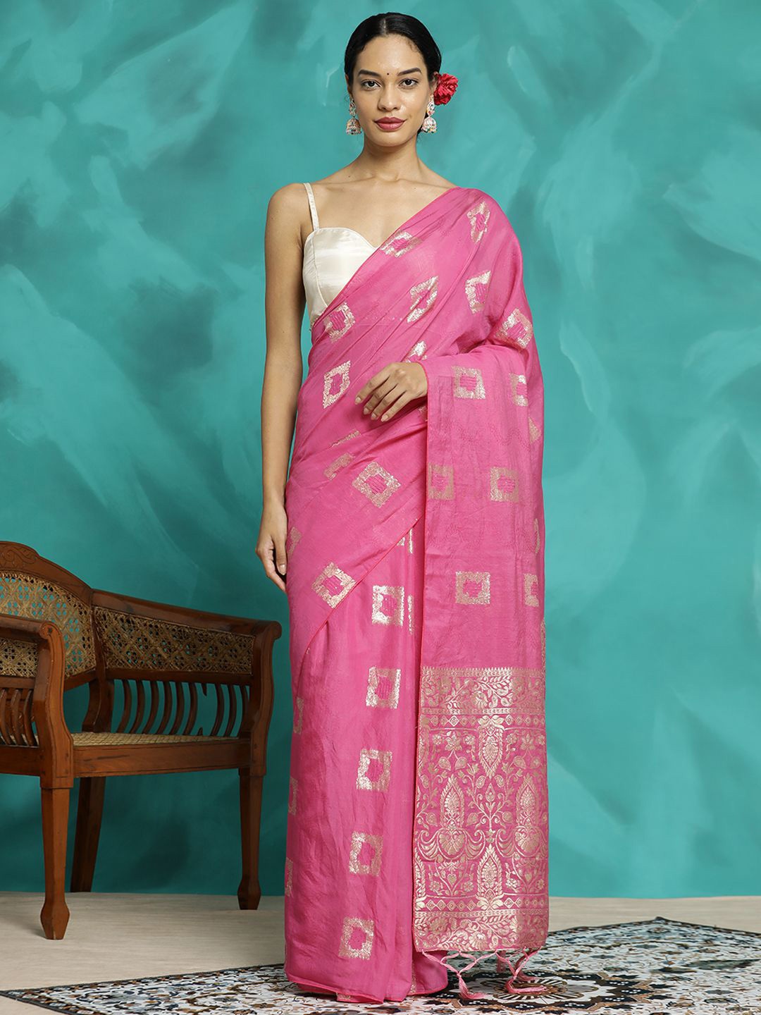 

Jaipur Kurti Zari Woven Cotton Blend Banarasi Saree, Pink