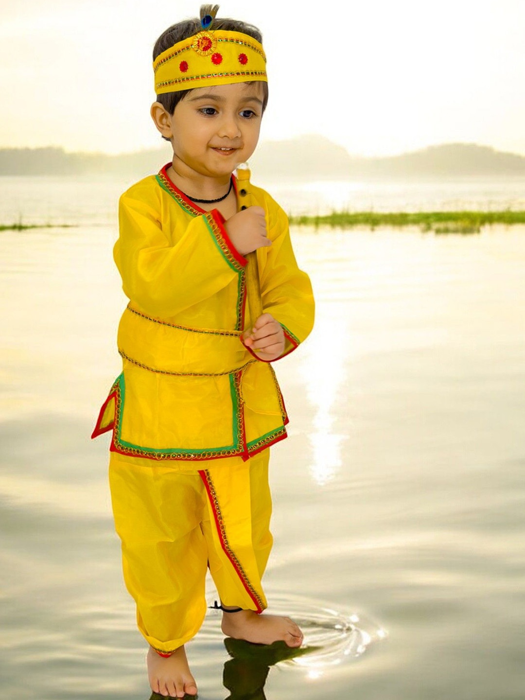 

LITTLE GINNIE Boys Pure Cotton Krishna Janamastmi Kurta Set, Yellow