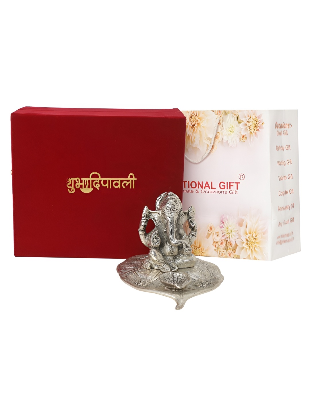 

INTERNATIONAL GIFT Silver-Toned Patta Ganesh Idol with Happy Diwali Tag & Velvet Box