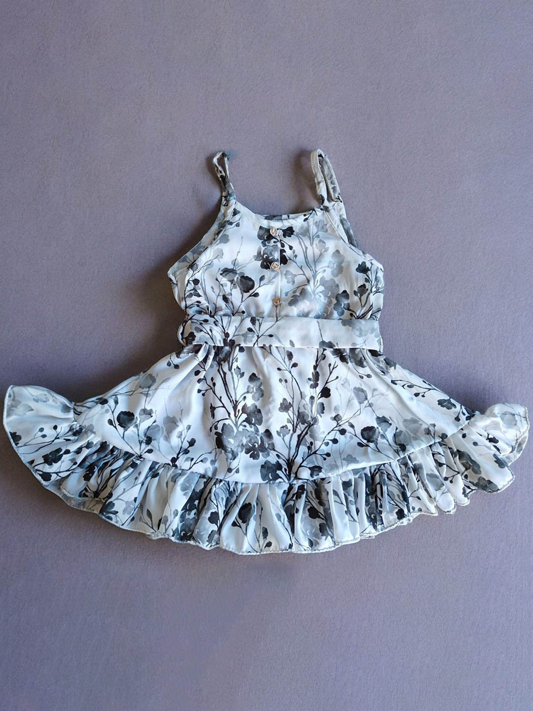 

LYTIX Floral Print Flared Sleeve Ruffled Fit & Flare Dress, White