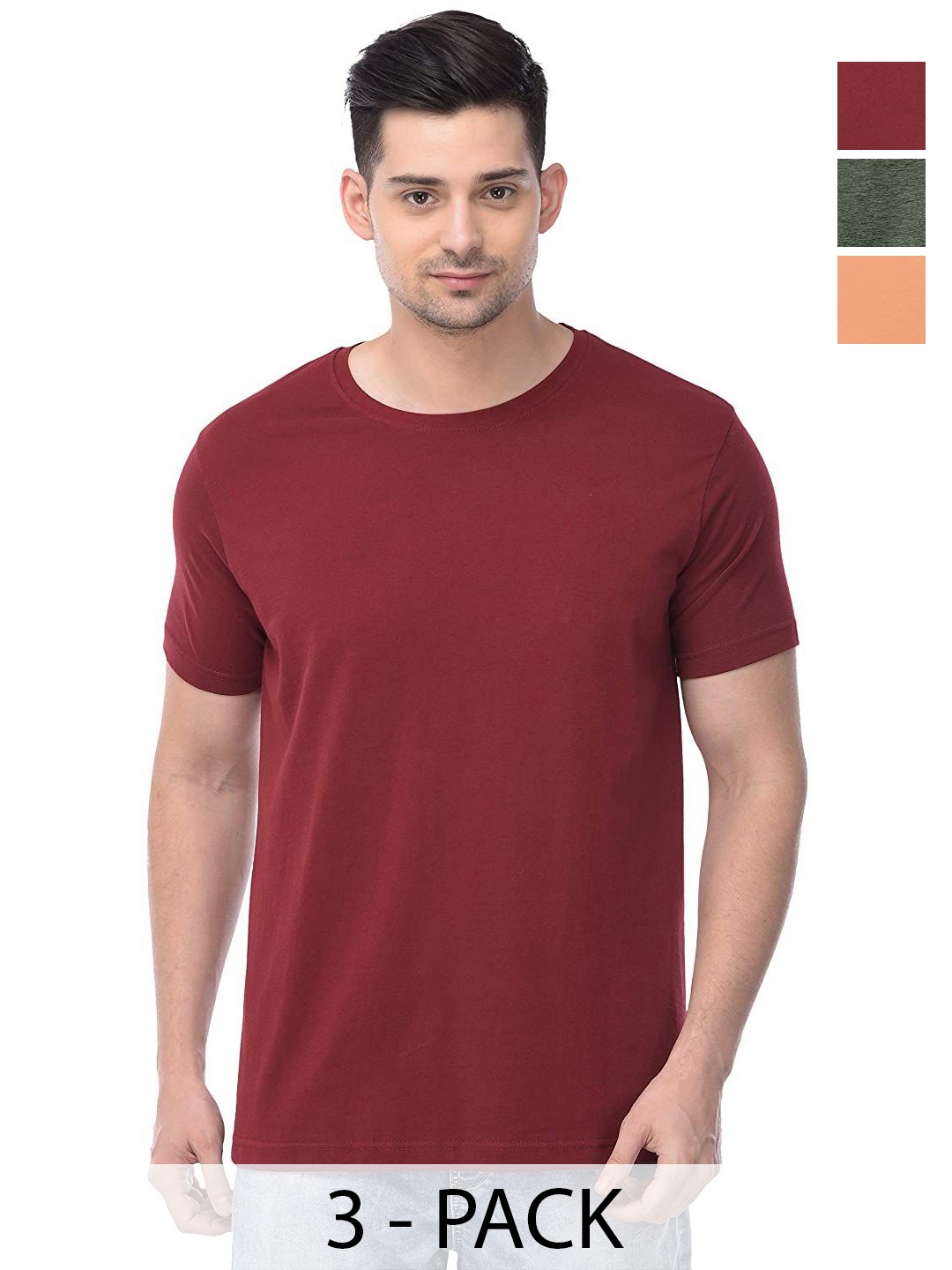 

COLOR CAPITAL Unisex Pack Of 3 Solid Round Neck Cotton T-shirts, Maroon