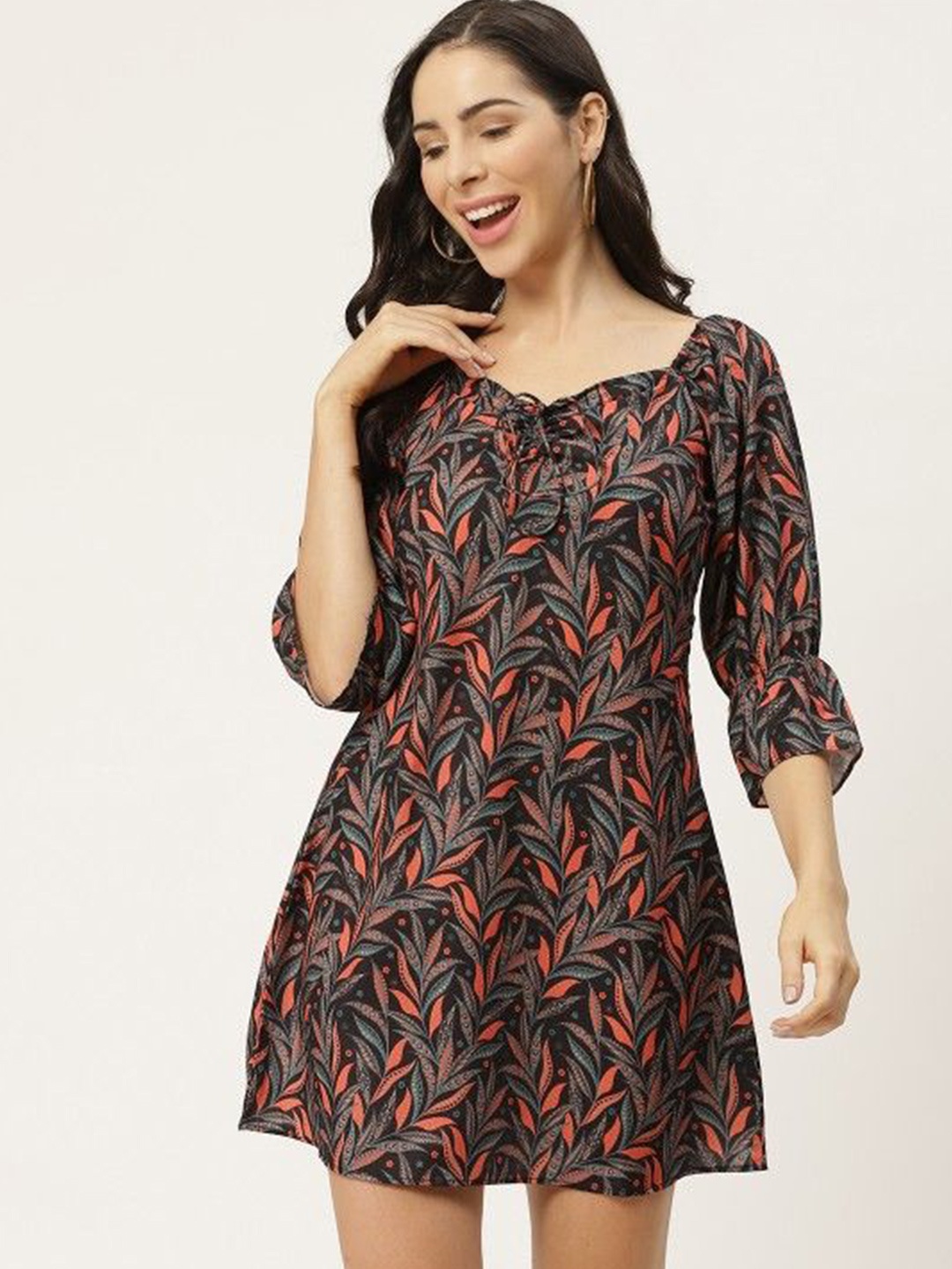 

MELOSO Tropical Print Bell Sleeve Fit & Flare Dress, Black