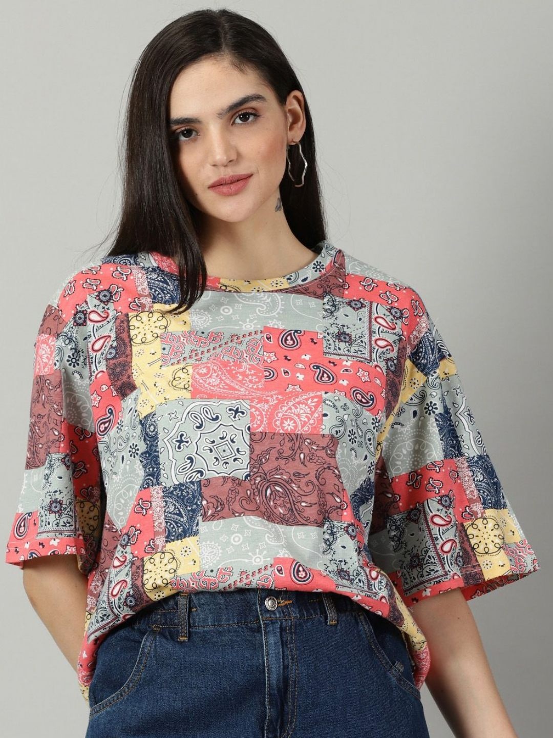 

Rodzen Women Tribal Printed Round Neck Cotton Oversized T-Shirt, Peach