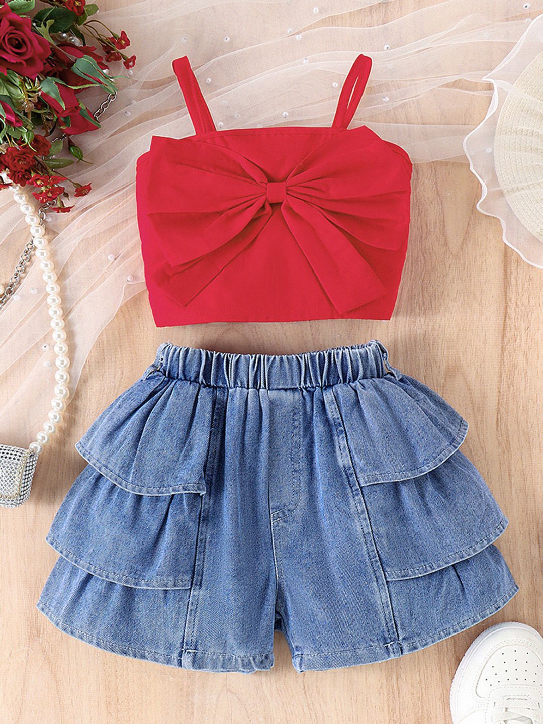 

INCLUD Girls Shoulder Straps Top with Shorts, Red