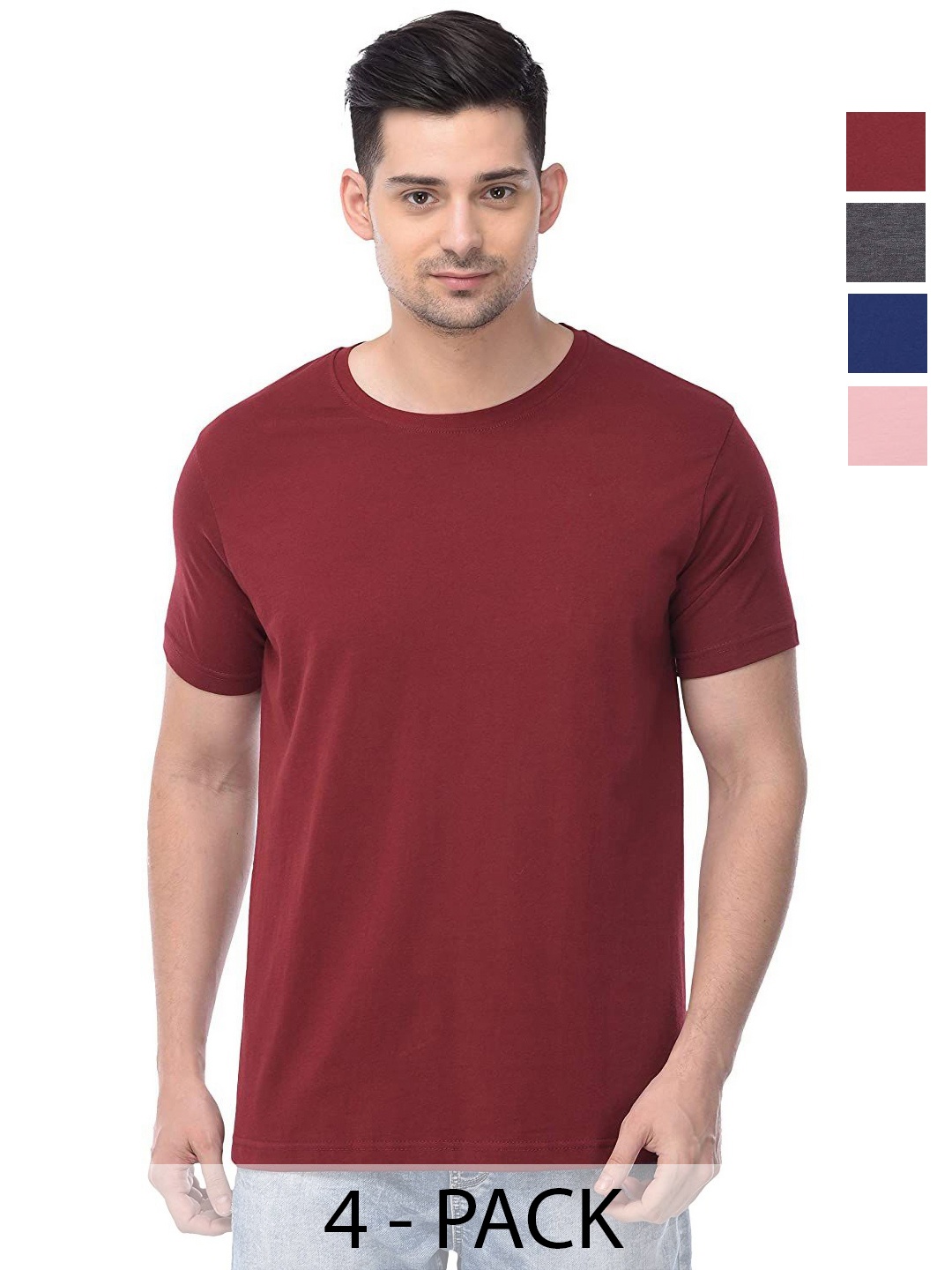 

COLOR CAPITAL Unisex Pack Of 4 Solid Round Neck Cotton T-shirts, Maroon