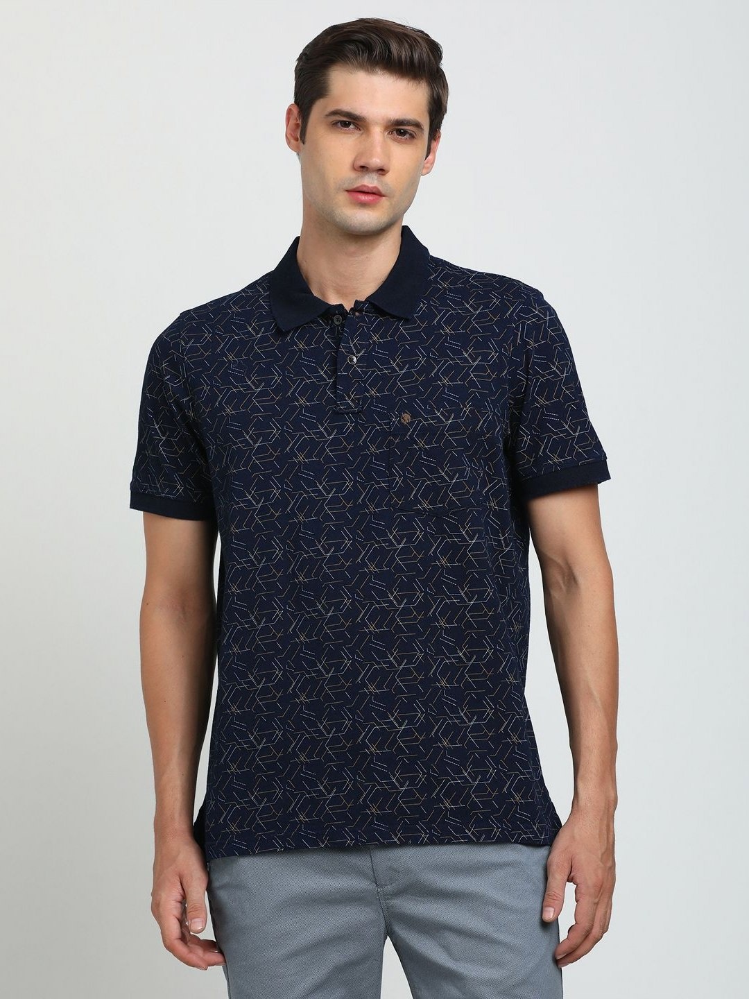 

Turtle Men Geometric Printed Polo Collar Cotton Slim Fit T-shirt, Blue