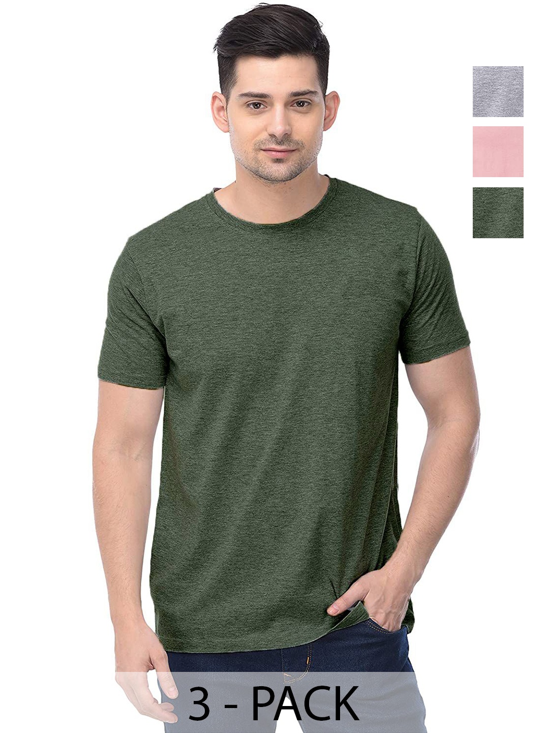 

COLOR CAPITAL Unisex Pack Of 3 Solid Round Neck Cotton T-shirts, Pink