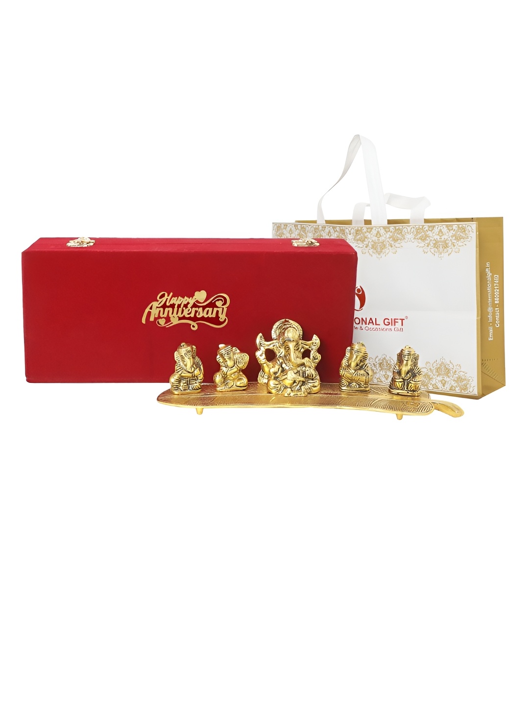 

INTERNATIONAL GIFT Gold Toned Musical Ganesh Metal Idol Showpiece With Vlevet Box & Bag