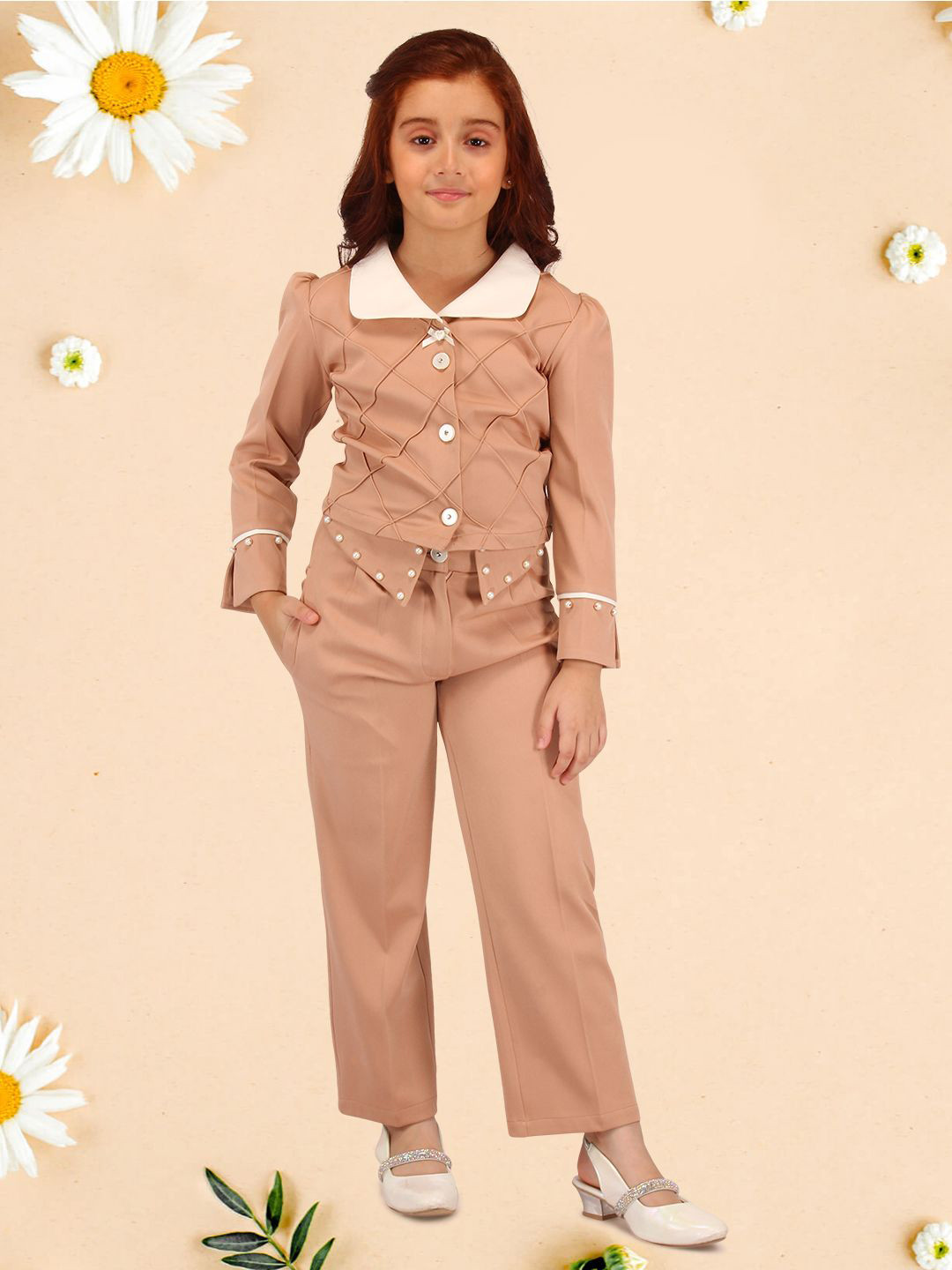 

CUTECUMBER Girls Embellished Shirt with Trousers, Beige