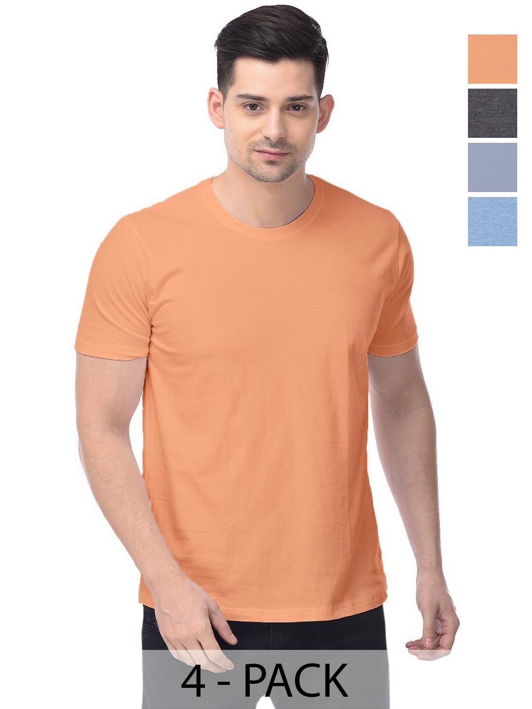 

COLOR CAPITAL Unisex Pack Of 4 Solid Round Neck Cotton T-shirts, Orange