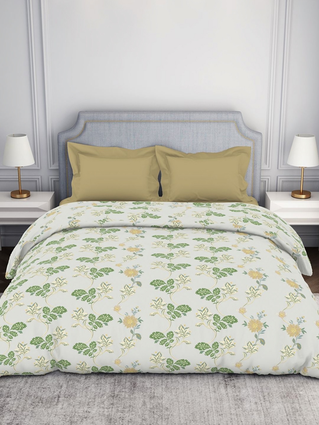 

SPACES Beige & Green Floral Printed 144 TC Pure Cotton Double Bed Comforter