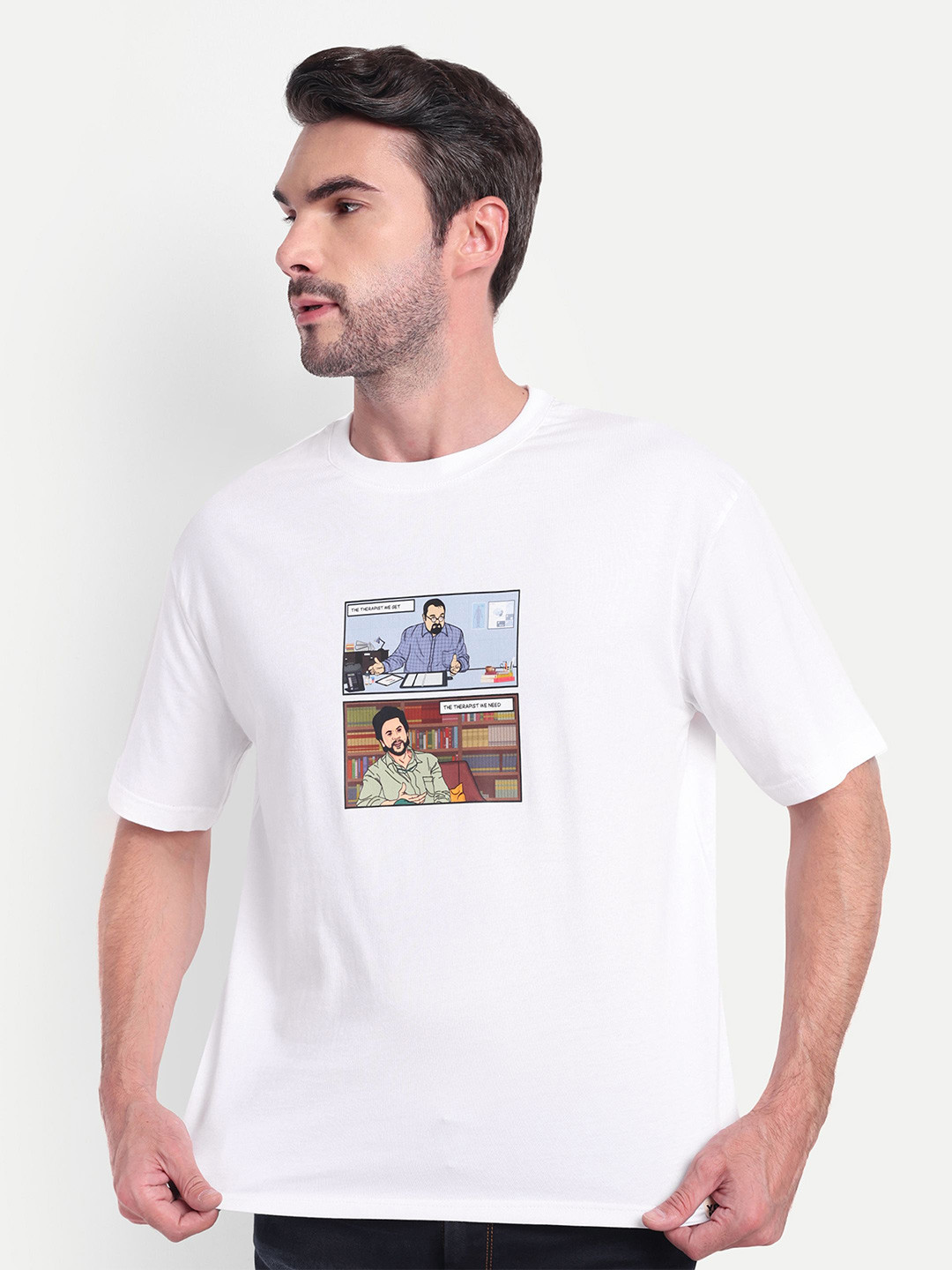 

BOLLYWOO.OOO Unisex Bio Finish Graphic Printed Round Neck Cotton Oversized T-shirt, White