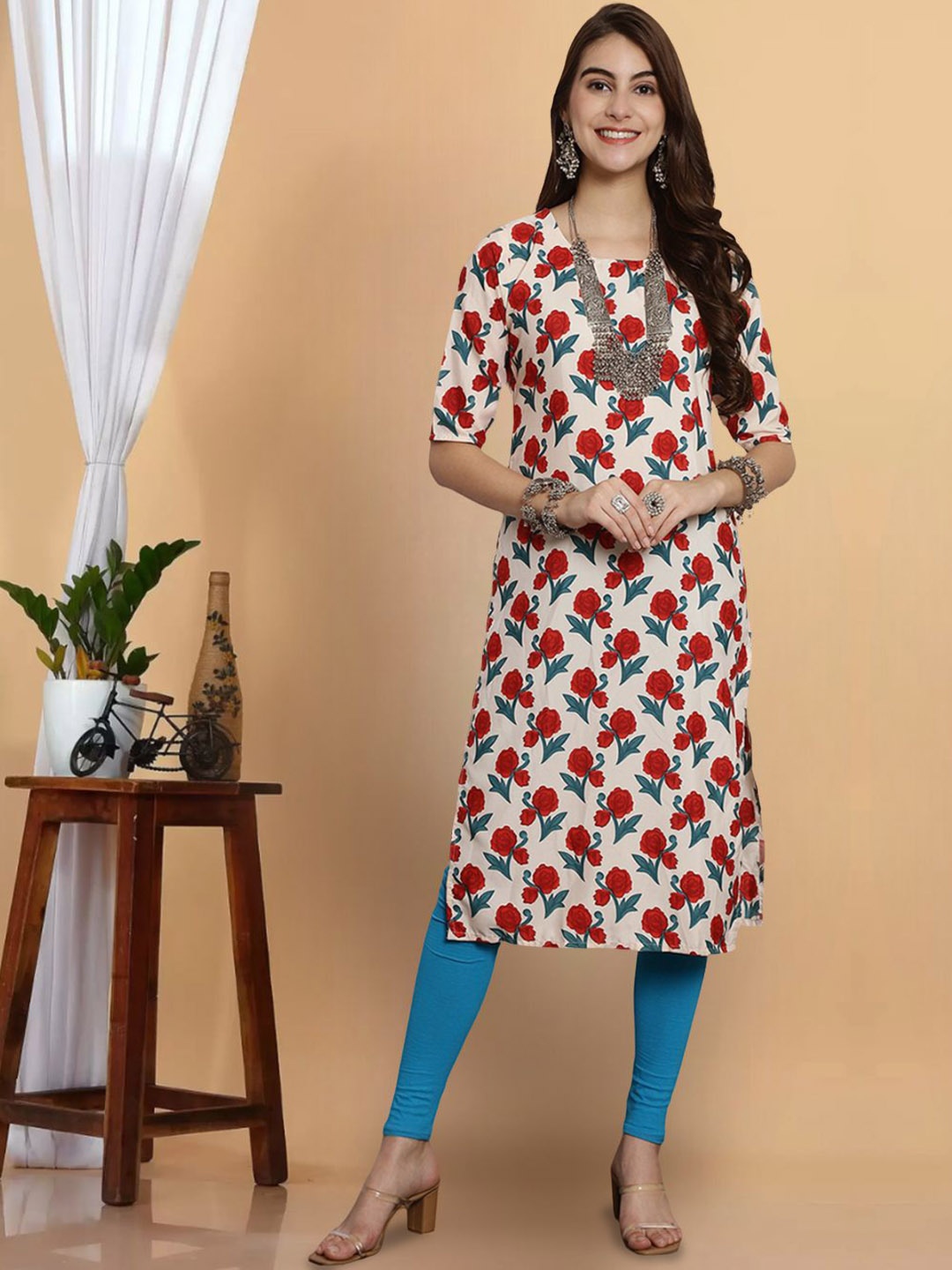 

7Threads Floral Printed Round Neck Straight Kurta, Beige