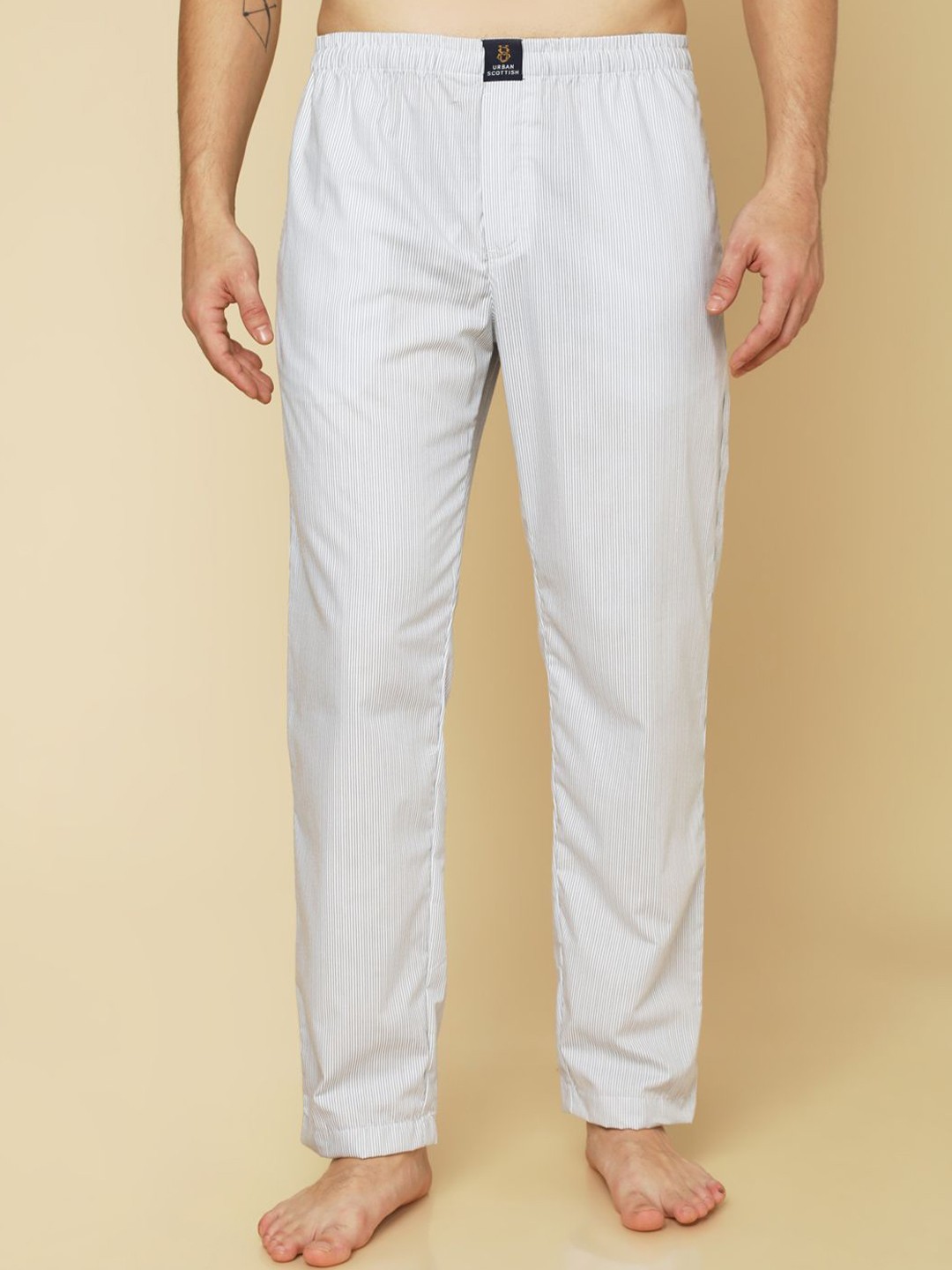 

URBAN SCOTTISH Men Striped Mid Rise Lounge Pants, White