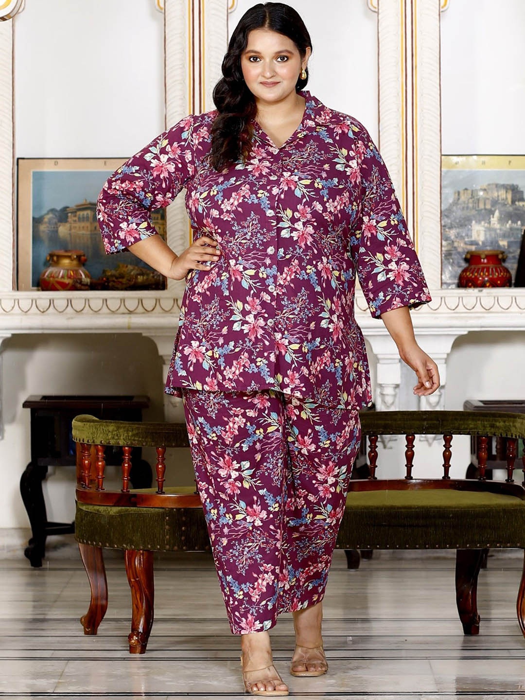 

KALINI Printed Pure Cotton Tunic With Trousers Co-Ords, Purple