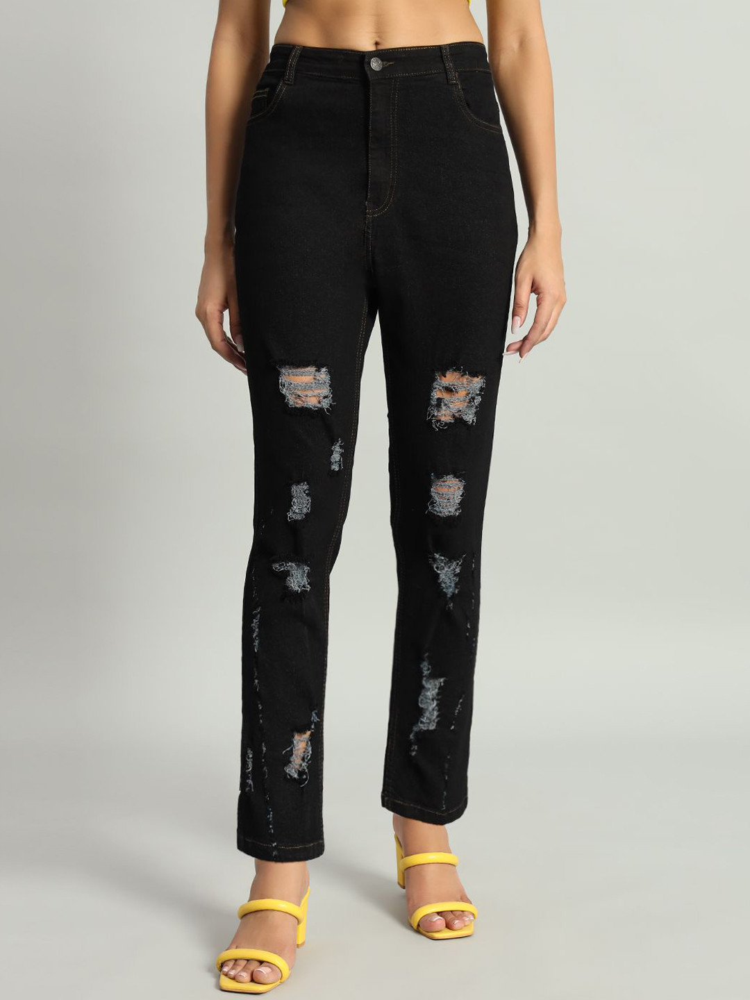 

GUTI Women Slim Fit High-Rise Low Distress Stretchable Jeans, Black
