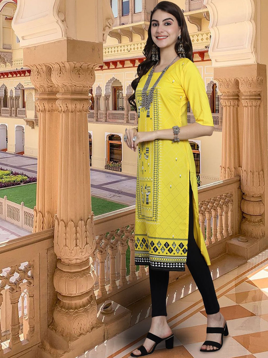 

7Threads Geometric Printed Round Neck Straight Kurta, Yellow